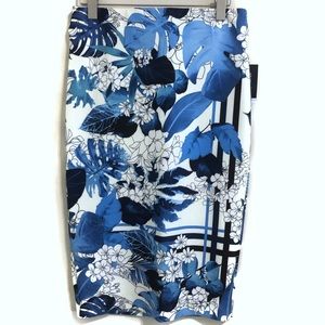 ECI Blue and White Floral Scuba Pencil Skirt